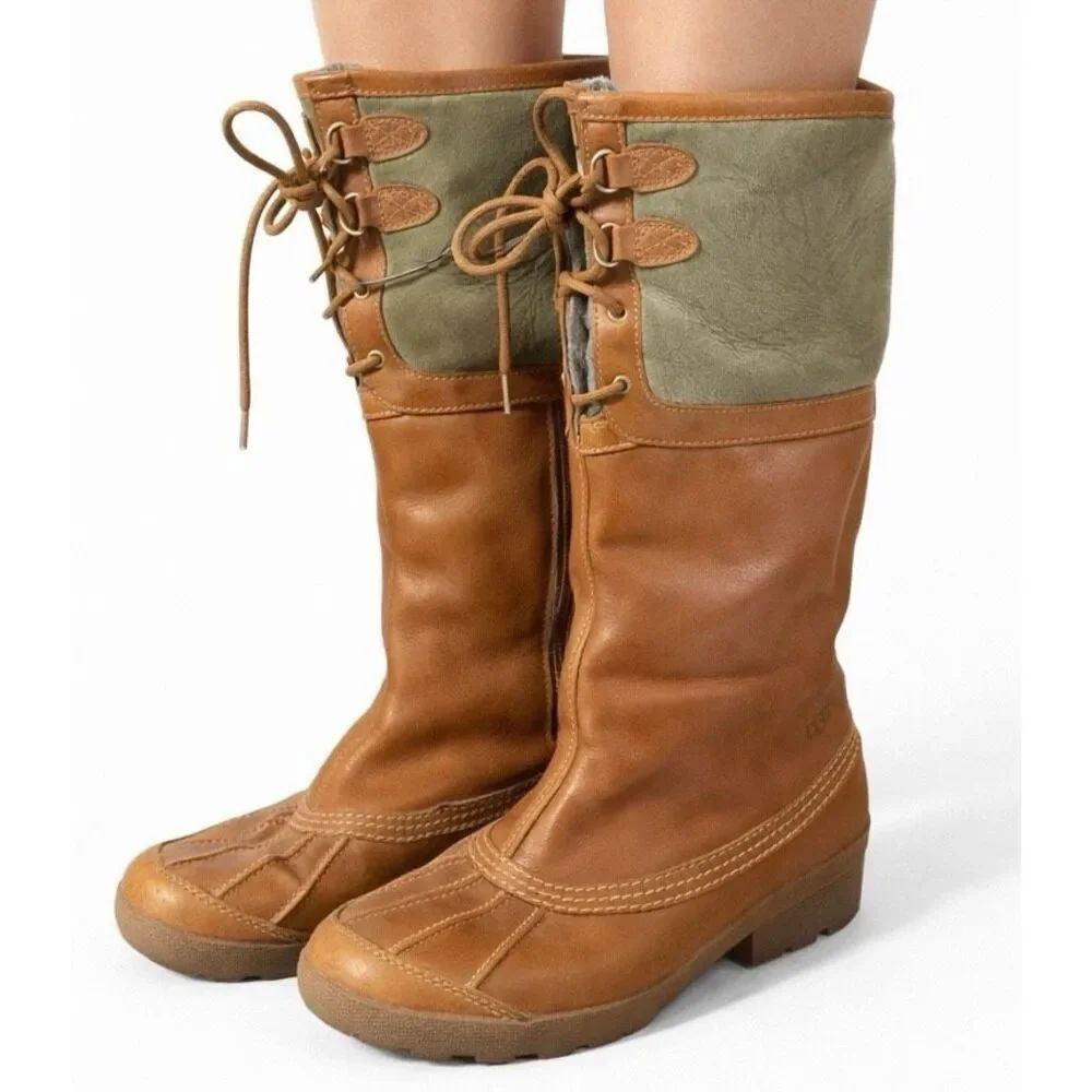 Ugg Belcloud tall leather boot tan and green size 8